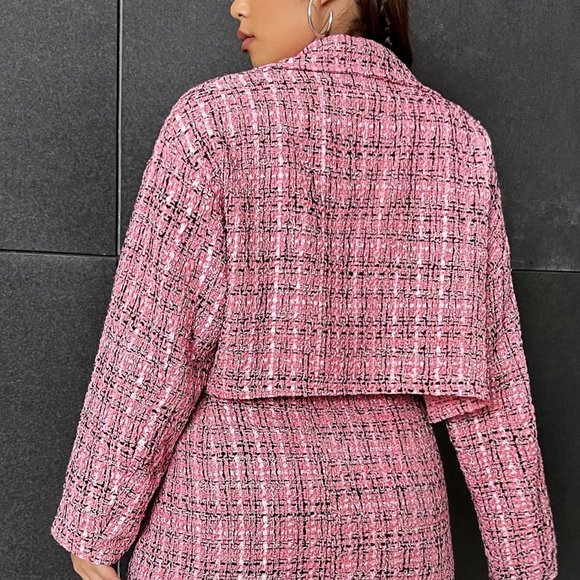 PLUS Womens Plaid Tweed Jacket & Skirt Pink - Picture 3 of 5